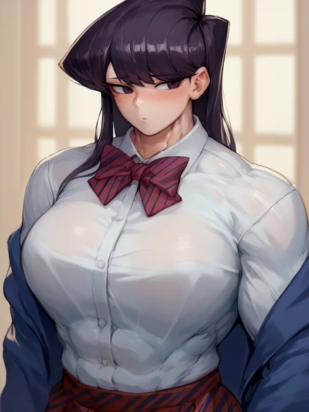 Score_9, score_8_up, score_7_up, score_6_up, classroom backdrop, upper body, cowboy shot, source_anime, komi shouko, muscular female, school uniform, tight white shirt, long sleeves, bowtie, , huge biceps, <lora:Style_g29:1.5>, embarrassed, looking away, blushing,