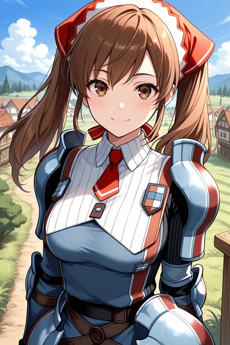 masterpiece, best quality, 1girl, solo, <lora:vcalicia-illu-nvwls-v1-000006:1> vcalc, twintails, brown hair, long hair, brown eyes, red headscarf, blue armor, striped armor, shoulder armor, collared shirt, ribbed shirt, red necktie, short necktie, brown gloves, blue skirt, upper body, looking at viewer, smile, blue sky, clouds, village, trees