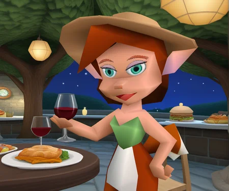 score_9, 1girl, solo, elora1, young, furry female, open smile, detailed green eyes, brown hair, furry, animal ears, table, looking at viewer, had on hip, makeup, wine, food, dinner, faun, pointy ears, bare shoulders, green top, sunhat, stone cafe, night, stars, tree, Volumetric Lighting, <lora:Elora1-000009:1>,