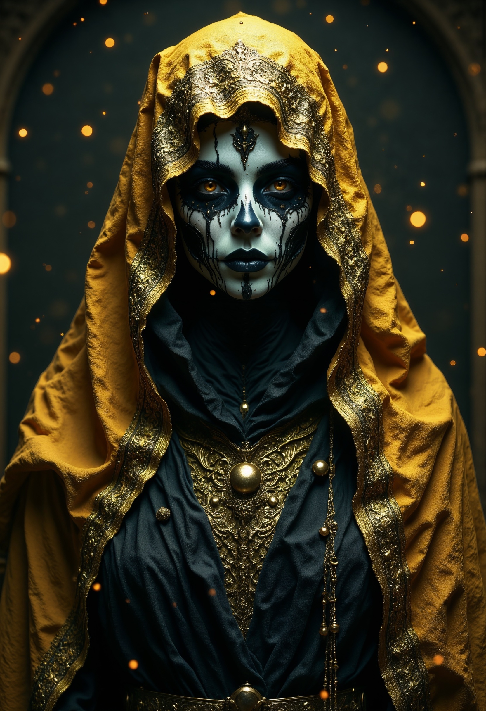 R3alisticF, hyperrealism, elven girl, a stunning photo of a gorgeous necromancer female Aerenal Elf, gold and black robes, face warpaint, skull face paint, gorgeous, 8k HD, detailed skin texture, ultra realistic, textured skin,. (maximum ultra high definition image quality and rendering:3), maximum image detail, maximum realistic render, (((ultra realist style))), realist side lighting, , 8K high definition, realist soft lighting, (amazing special effect:3.5).  <lora:FluxMythR3alisticF:1>