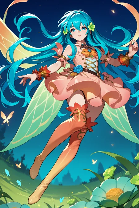score_9, score_8_up, score_7_up, score_6_up, source_anime, 1girl, solo <lora:resplendenteirika-pdxl-nvwls-v1-000005:1> rsEir, cyan hair, long hair, hair between eyes, hair flower, green flower, pink dress, gradient clothes, insect wings, bracelet, gradient thighhighs, full body, floating, midair, night sky, from below, looking at you