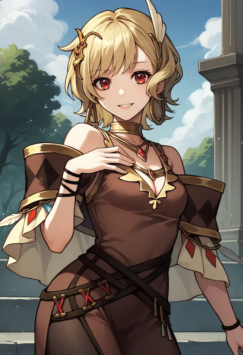 score_9, score_8_up, score_7_up, source_anime, 1girl, cowboy shot, looking at you, hand on own chest, smile, BREAK<lora:CitrinneFE-pdxl:1> defCitrinne, short hair, wing hair ornament, hoop earrings, gold choker, necklace, bracelet, cleavage, brown dress, long dress, detached sleeves, capelet, belt, pantyhose, outdoors, sky, cloud