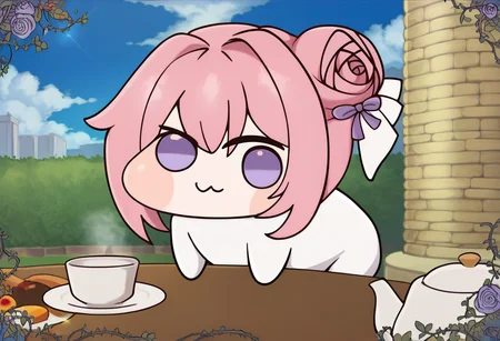 score_9, score_8_up, score_7_up, source_anime, BREAK, solo, looking at viewer, <lora:Teatime-pdxl_Fp:1>, table, food, cup, teacup, teapot, outdoors, sky, holding cup, <lora:Doro_X_PDXL_V1:1>, doro, creature, :3, chibi, pink hair, purple eyes, hair bun, hair bow, four legs