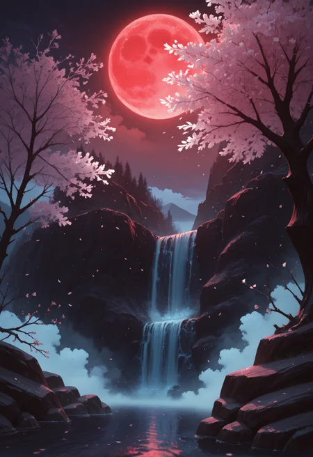 red moon, moon, no humans, tree, waterfall, water, scenery, outdoors, sky, full moon, night, fog, mountain, branch, cliff, night sky, cloud, rock, cherry blossoms, nature, bare tree
.<lora:newrimixL:1>, <lora:Detailer_NoobAI_Incrs_v1:0.75>, masterwork, masterpiece, best quality, dynamic lighting , dynamic pose,, dynamic angle, , , (lineless:1.2), detailed, depth of field, dynamic lighting, blurry, (cheekbones:0.75),
<lora:zy_illustrious_Realism_Enhancer_v1:0.5> adult, aged up,