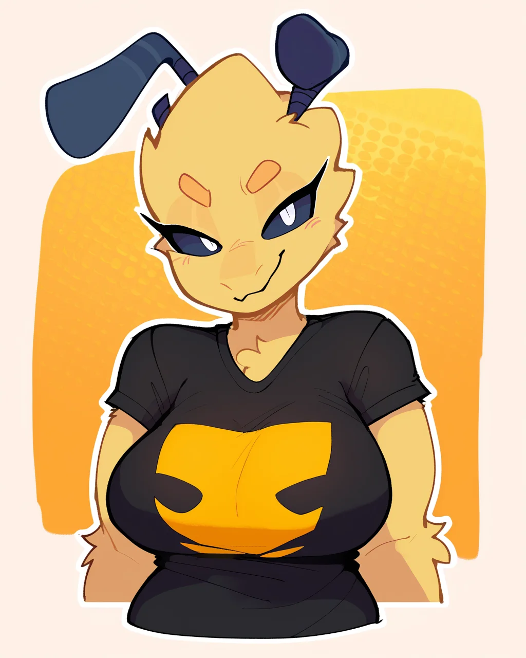 score_9_up, score_8_up, score_7_up, score_6_up, by remanedur, half-length portrait, yellow body, bee, narrowed eyes, smug, large breasts, furry female, yellow body, yellow fur, female, furry, looking at viewer, t-shirt, solo, three-quarter view, head tilt, simple background, white outline,  <lora:Leah_Pines(AIM)_XL_v1:0.15> <lora:PDXL_artist_tags_v2_big:0.5> <lora:The-Minuscule-Task_PDXL_v1.0:0.6>   <lora:Mercy_goonie:0.75>