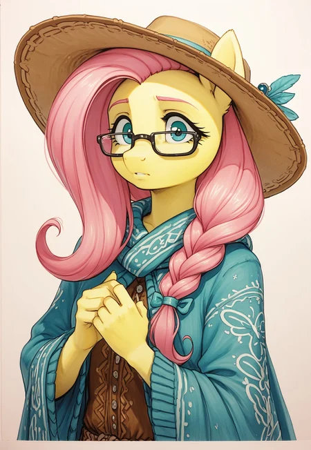 score_9, score_8_up, score_7_up, pony, solo. pony, mare, zzPDXL3, traditional media, marker \(medium\), FlutterXL, Pink hair, blue eyes, hipster_fluttershy, sharp_outline, standing, anthro, wearing_glasses, simple_background, hairstyle, braid, view_from_above, neck_shawl,, shawl, hat