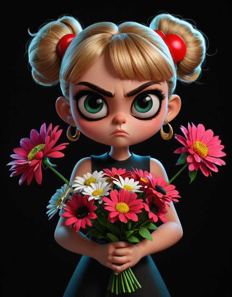 Cartoon style of the powerpuff girls, girl with a bouquet of flowers, angry face, black background, high contrast, hyper-realistic