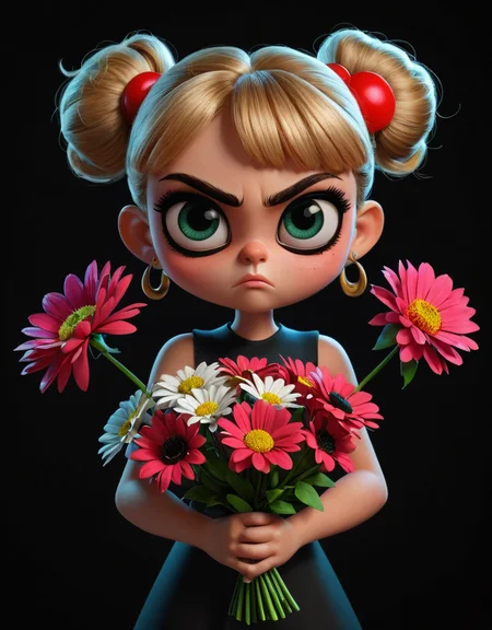 Cartoon style of the powerpuff girls, girl with a bouquet of flowers, angry face, black background, high contrast, hyper-realistic