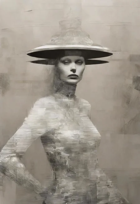 Monochrome black and white, Giger, Beksinski, Zawadzky, Dali, Magritte, Delvaux, Bellmer, Malevitch, Rodchenko, Mondrian, Kandinsky, Popovna, psychedelic hallucination, pop surrealism, rough crosshatch drawing pop art Lunatic_Portrait of a young woman in latex Avant-garde Fashion page, slick back, low bun, black makeup, sinister expression, intense glare, avant-garde, abstract, weird, geometric, constructivism, suprematism, rayonism, verticism, lineism, tj