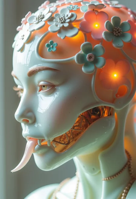 An extreme macro close-up of a translucent robotic head inspired by the delicate beauty of Asian ceramics, with intricate floral and Yakuza-style designs. The head has a porcelain-like translucence, with soft pastel hues of pink, blue, yellow, and green glowing faintly from within, enhanced by subtle subsurface scattering (SSS). Its smooth, ceramic-like surface is etched with detailed patterns of cherry blossoms and koi fish, evoking the elegance of traditional Asian pottery. Beneath the translucent shell, flower-like mechanical components and wired circuits appear as if suspended in glass. The sharp, crystalline teeth shimmer like finely polished jade, while its serpentine tongue, also ceramic in texture, gleams with a lifelike sheen. A soft, diffused backlight enhances the translucence and highlights the glowing floral elements, giving the head an ethereal, dreamlike aura. The shallow depth of field emphasizes the intricate details of the ceramic-inspired design, while a faint cinematic film grain adds a timeless, artistic quality to the surreal beauty of this robotic masterpiece.