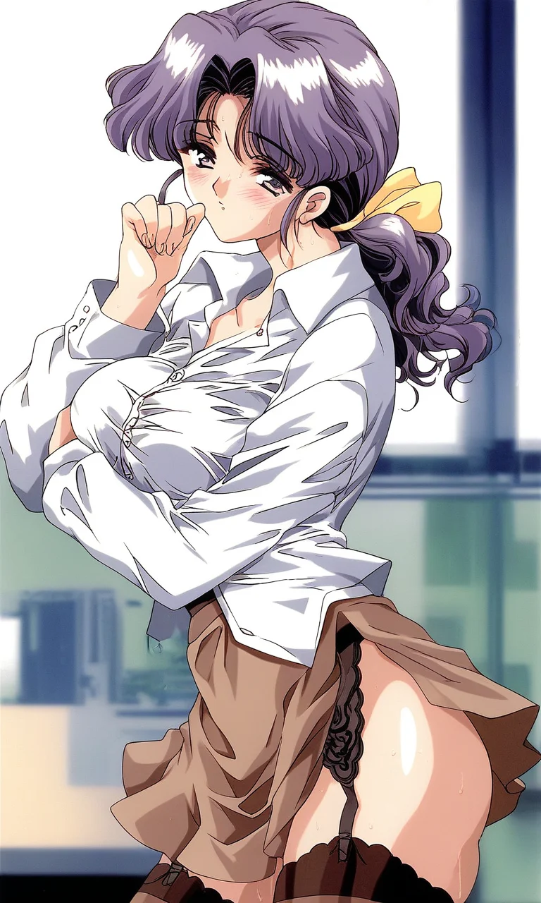 score_9, score_8_up, score_7_up, source_anime, rating_explicit, BREAK <lora:Fujino_Yukiko_XL:1> FujinoYukiko, long hair, purple eyes, purple hair, large breasts, low ponytail, Yellow bow, hair ribbon,
brown long sleeve, 1girl, underwear, solo, garter belt, thighhighs, blush, long hair, brown skirt, purple hair, large breasts, sweat, standing, shirt, looking at viewer, indoors, purple eyes