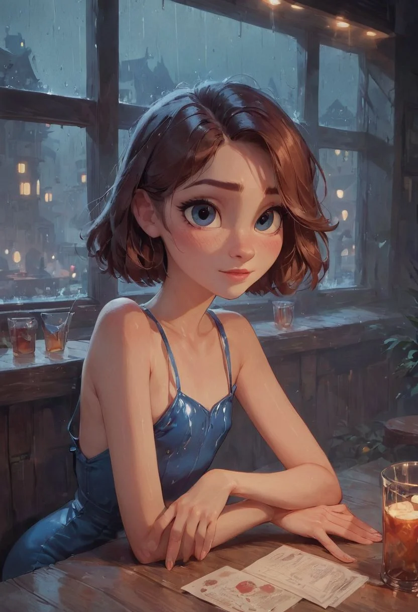 score_9, score_8_up, score_7_up, score_6_up, score_9, score_8_up, score_8, semi realistic, hot girl wearing skimpy tight dress sitting on a bar stool, flat chest, cute sexy pose, in a small skyscraper restaurant at night, moody lighting, window with view of night city, raindrops on window, rainy night, drinks on a bar table, volumetric lighting, cinematic lighting, depth of field, bokeh, masterpiece, pixar, animation movie style