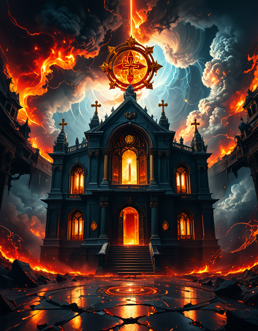 A once-majestic celestial temple, now under siege by the forces of Hell. The grand white stone structure is cracked and scorched, its golden crosses twisted and broken. The stained-glass windows, once glowing with warm divine light, are now shattered, with demonic symbols glowing ominously in their place. The sky, once a serene blue, is now consumed by dark storm clouds, swirling with red lightning and thick smoke.
Black, jagged chains extend from the sky, wrapping around the temple as if trying to pull it down into the abyss. The once-fluffy clouds beneath the structure are now a chaotic mix of fire, ash, and dark mist, with glimpses of molten lava cracks below. Infernal creatures with glowing red eyes lurk in the shadows, their silhouettes barely visible through the smoke and fire.
The temple doors are blown open, revealing an eerie red glow emanating from within, as if Hell itself is consuming the sacred space. Massive demonic runes are etched into the stone, pulsating with an unholy energy. The entire scene is bathed in a deep crimson and orange glow, giving it an apocalyptic and nightmarish atmosphere.
Style & Lighting:
- Dark fantasy, highly detailed
- Dramatic, high-contrast lighting with fiery glows
- Cinematic composition, epic scale
- Strong use of shadows, embers, and atmospheric foghighly detailed and atmospheric view from inside a massive birdcage, large enough for a human to stand inside. The cage is made of ornate, aged metal bars with intricate Victorian-style patterns, curving elegantly towards the domed ceiling. Sunlight filters through the gaps between the bars, casting long, dramatic shadows on the wooden floor. Delicate vines and small flowers have begun to grow around the bars, adding a touch of nature reclaiming the space. The background beyond the cage is blurred, hinting at a lush garden or a mysterious, abandoned mansion. The ambiance is serene yet slightly melancholic, with warm golden light illuminating dust particles floating in the air. Soft feathers are scattered on the floor, adding to the sense of quiet abandonment. The perspective makes the viewer feel as if they are inside the cage, looking outward, surrounded by both beauty and confinement. The style is highly detailed and realistic, with a cinematic and slightly surreal atmosphere.
<lora:SDXLFaeTastic2400:0.4> <lora:extremely_detailed:0.4> extremely detailed,evil celestial t3mpl3, <lora:evil_celestial_t3mpl3-p:1>, Masterpiece,best quality,hi res,8k,hi res,8k,award winning,(sharp focus, intricate, highly detailed),