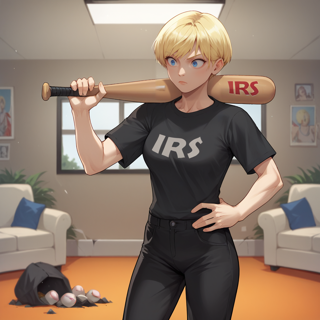 score_9_up, score_8_up, BREAK, IRS, 1girl, solo, blonde hair, short hair, blue eyes, Black shirt, black pants, cowboy shot, holding baseball bat,  <lora:IRS_US_PXL_Leaf1:1>, indoors, depth of field, living room, debris,