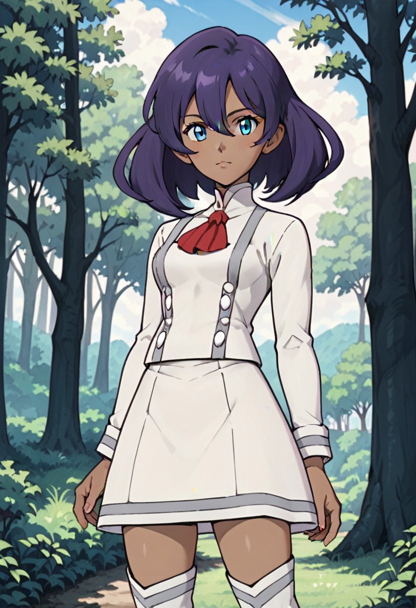 score_9, score_8_up, score_7_up, score_6_up, score_5_up, anime screencap, anime coloring, retro artstyle
PKMNSina, 1girl, dark-skinned female, purple hair, medium hair, bangs, hair between eyes, blue eyes
white shirt, long sleeves, buttons, red ascot, white skirt, white footwear, knee boots
forest, trees, clouds, sky, sun, sunlight, day, standing
