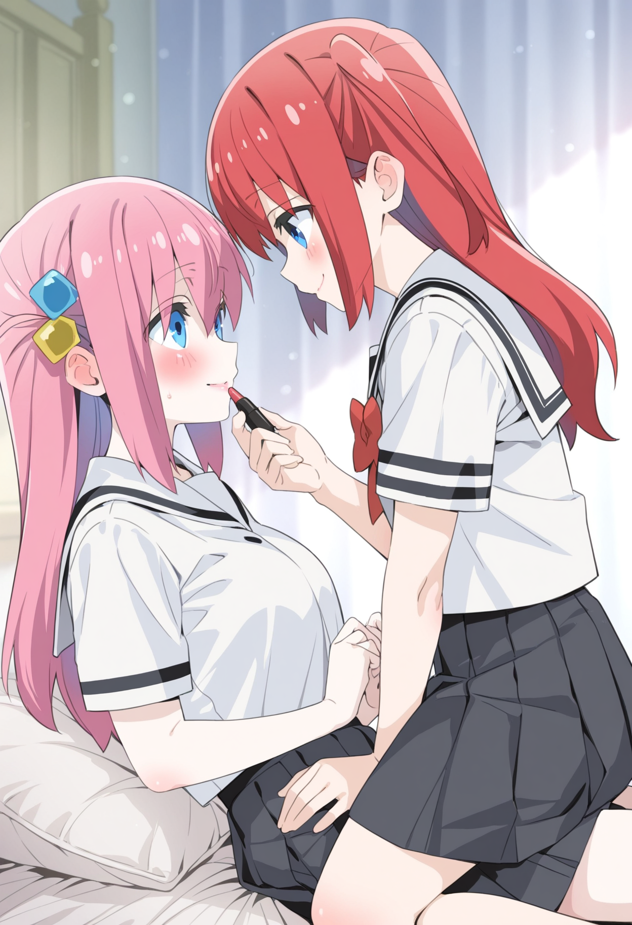 masterpiece,best quality,amazing quality,
gotou hitori, long hair, cube hair ornament, hair ornament, blush, pink hair, skirt, 2girls, shirt, school uniform, sitting, red hair, multiple girls, yuri, smile, short sleeves, white shirt, looking at another, holding, blue eyes, pleated skirt, straddling, white sailor collar, bangs, on bed, black skirt, from side, lipstick, makeup, serafuku, breasts, sailor collar, one side up,
 <lora:Saeki Tatsuya_epoch_9:0.8>