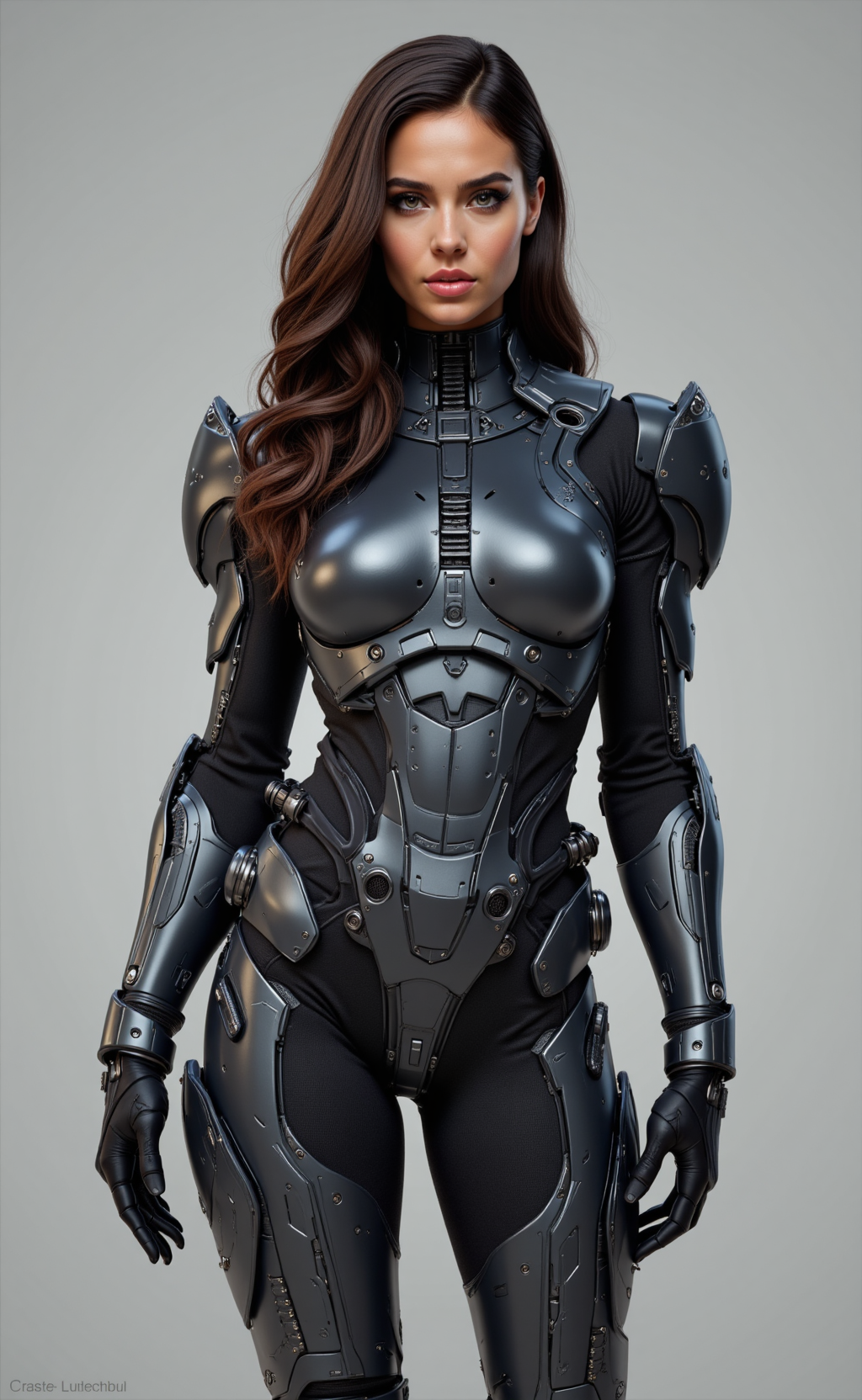 full-body photoreal render of a poised woman with warm copper skin and voluminous dark brown hair cascading over one shoulder; wearing advanced tactical armor in a sleek satin onyx tone with deep graphite inset trim; armor forms a protective shell around the chest and shoulders, with high-density plating along thighs and calves; surface features etched panel lines, sunken fasteners, and fine machine-tooled texture; undersuit is carbon black with a muted metallic weave pattern; lighting focused to bring out subtle reflective glints on all surfaces








mg-mk.1, ftlas-mk.1, 