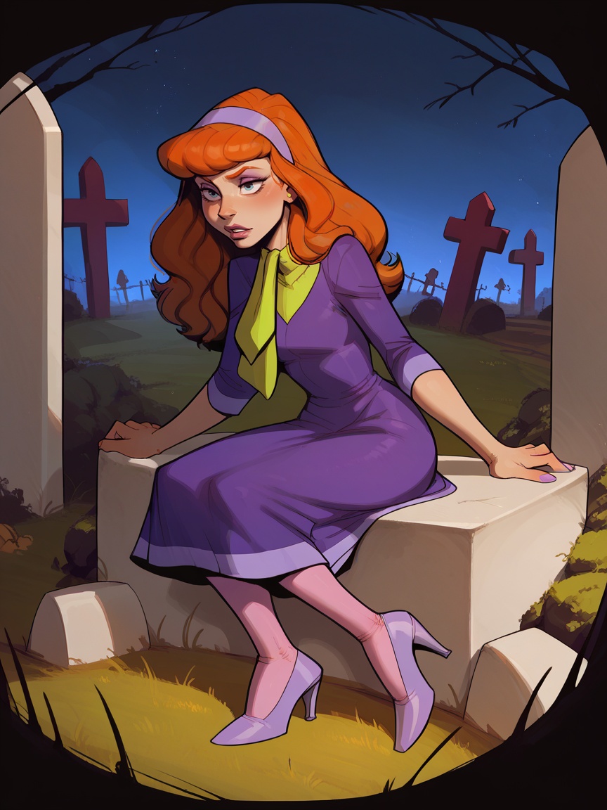 score_9, score_8_up, score_7_up, score_6_up, score_5_up,  <lora:DaphneBlakeXLP:0.6> daphne blake, 1girl, solo, hairband, long hair, pantyhose, orange hair, dress, high heels, graveyard, night,   <lora:1nc4s3XLP:1> 1nc4s3