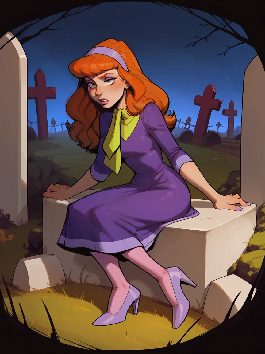 score_9, score_8_up, score_7_up, score_6_up, score_5_up, <lora:DaphneBlakeXLP:0.6> daphne blake, 1girl, solo, hairband, long hair, pantyhose, orange hair, dress, high heels, graveyard, night, <lora:1nc4s3XLP:1> 1nc4s3