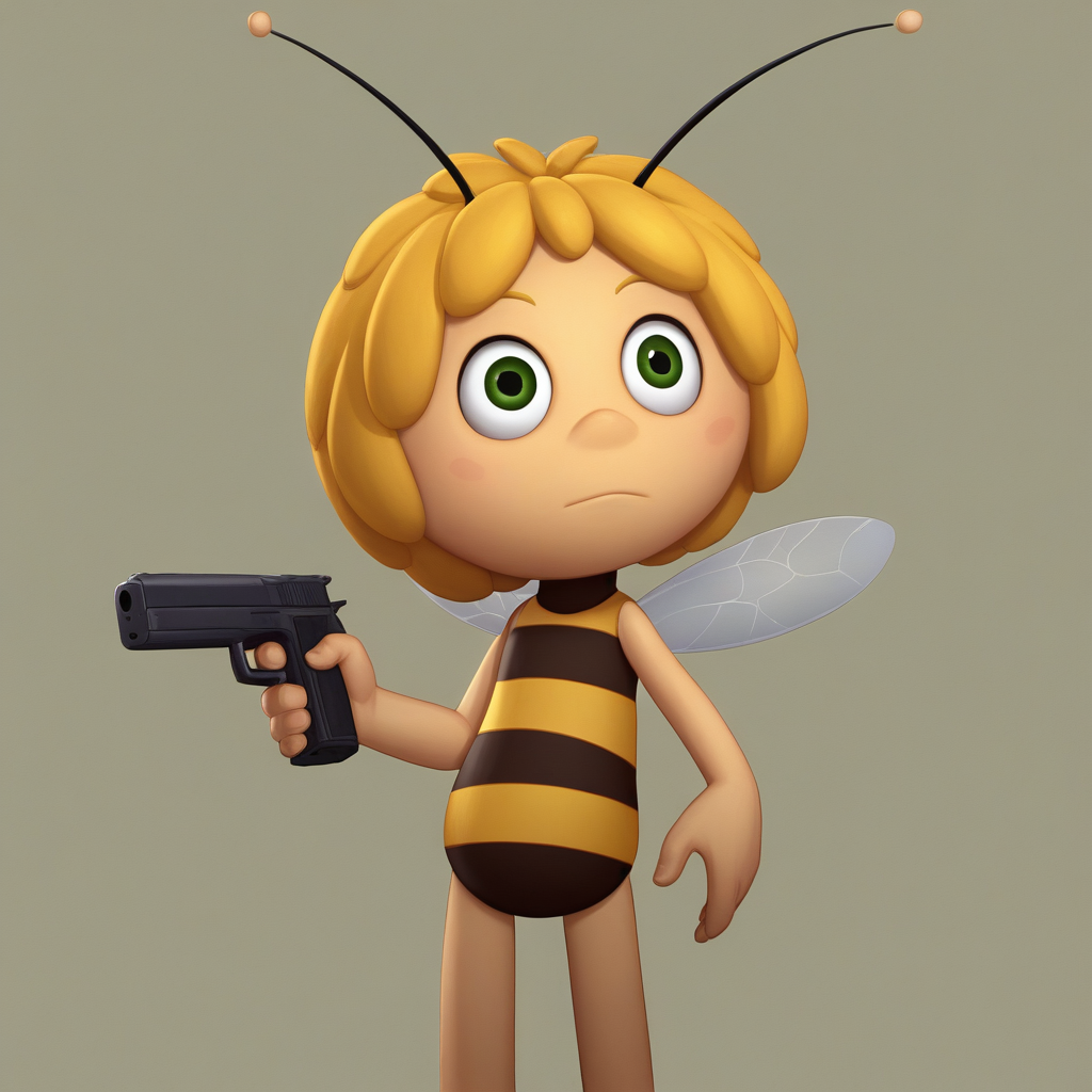 score_8_up, BREAK,  no humans, 1girl, solo, Maya,  green eyes,  antennae, yellow skin, yellow hair, striped,  <lora:MayaTheBee_PXL_Leaf1:1>, holding handgun,