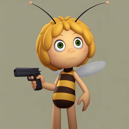 score_8_up, BREAK, no humans, 1girl, solo, Maya, green eyes, antennae, yellow skin, yellow hair, striped, <lora:MayaTheBee_PXL_Leaf1:1>, holding handgun,