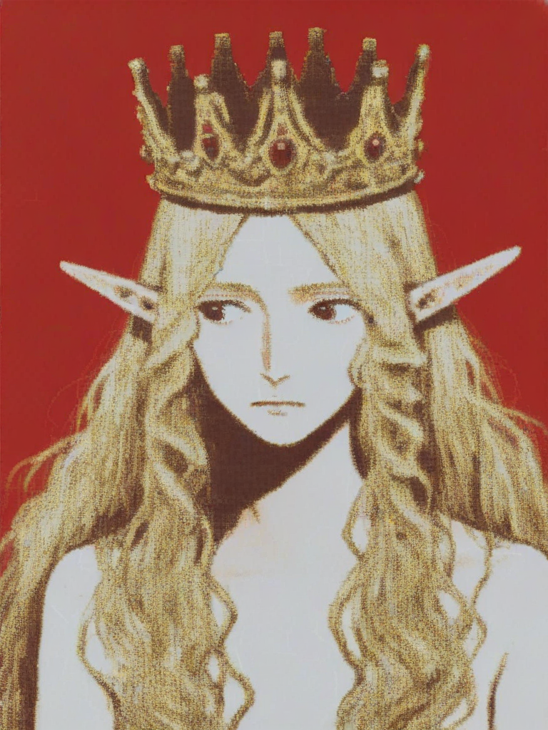 vermis style, 1girl, elf, crown, looking to the side, blonde hair,  red background  ,  <lora:VermisStylePony:1>, source_anime,  score_5_up