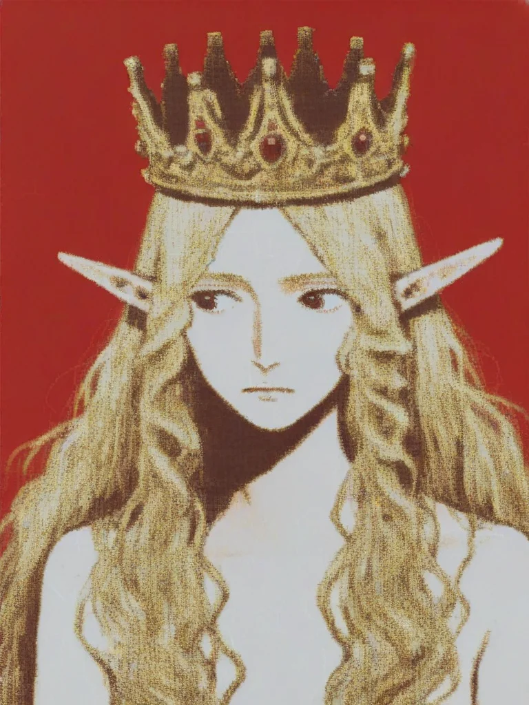 vermis style, 1girl, elf, crown, looking to the side, blonde hair, red background , <lora:VermisStylePony:1>, source_anime, score_5_up