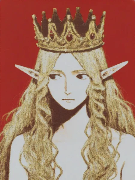 vermis style, 1girl, elf, crown, looking to the side, blonde hair, red background , <lora:VermisStylePony:1>, source_anime, score_5_up