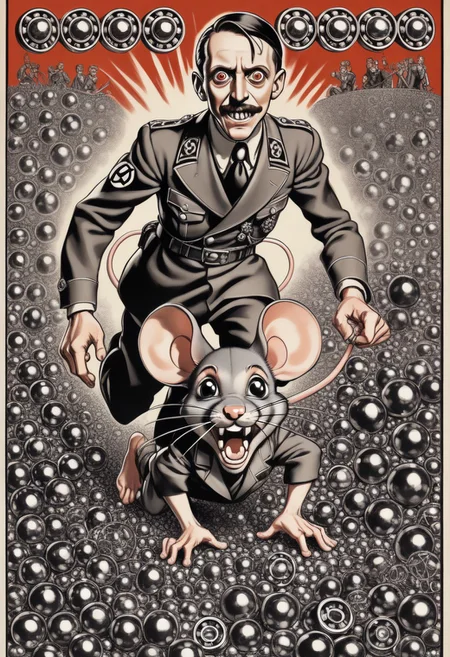 Period British propaganda poster: Caricature of Goebbels ((as mouse)) and rat-like Hitler tripping on hundreds of small steel balls ((ball bearings)).