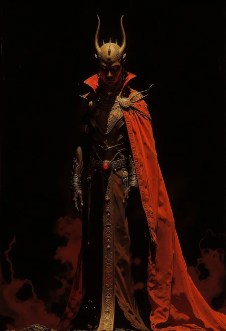 masterpiece, best quality, hyper-realistic, ultra-detailed, digital painting, 8k, cinematic lighting,
1 androgynous figure, standing confidently, full body, dark rich skin tone, piercing intense eyes, partially masked face, short blonde hair,
dramatic focused light, crimson red ambient glow, deep shadows, high contrast,
flowing fabric, crimson red with gold embroidery, soft texture, shimmering jewels, luxurious sheen,
intricate gold and black geometric patterns on upper body, regal and mystical aura,
large curved antler-like horns, gold-tinted, majestic presence,
deep black background, enhancing crimson tones and figure prominence,
soft flowing fabric texture, detailed embroidery catching light, opulent and elegant,
blend of fantasy and high fashion, contemporary digital art style, mystical and powerful mood, rich crimson theme, intense atmosphere, refined regal narrative.