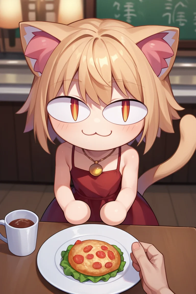 score_9, score_8_up, score_7_up, score_6_up, score_5_up, score_4_up, BREAK, solo, <lora:necoarc-guy-PONY-v1:.95>, necoarc, lit pupils, cat ears, chibi, :3, red dress, pov across table, necklace, restaurant, bare shoulders,