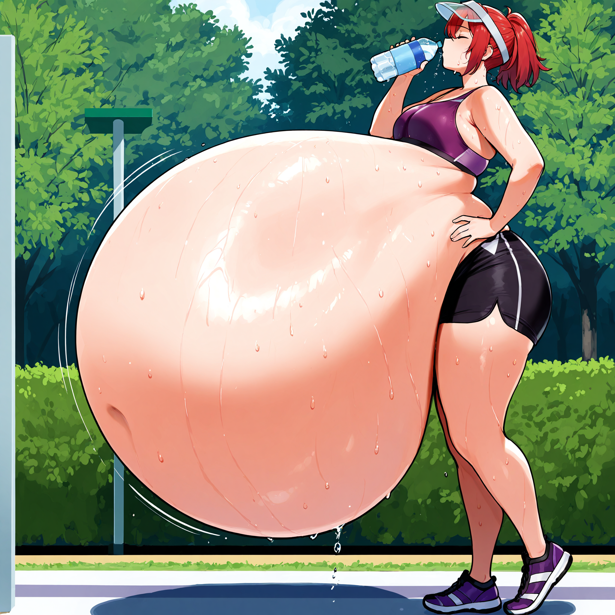 (masterpiece), best quality, (highly detailed), 1female, solo, <lora:Jaykuma_style_Illustrious:0.8>, hyper belly, purple sport bra, black gym shorts, park, visor, red hair, eyes closed, shoes, short hair, standing, sweating, leaning head back, side view, drinking water bottle, hand on hip,