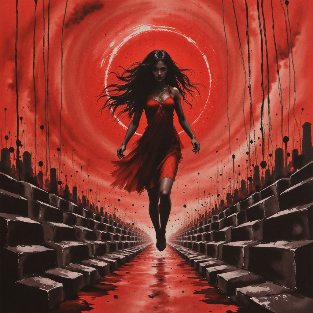 red goddess babalon descending to hell, background made of cubes, blood flowing down in straight lines, horizontal lines made of silvery black, abstract surrealism
