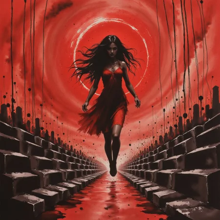 red goddess babalon descending to hell, background made of cubes, blood flowing down in straight lines, horizontal lines made of silvery black, abstract surrealism
