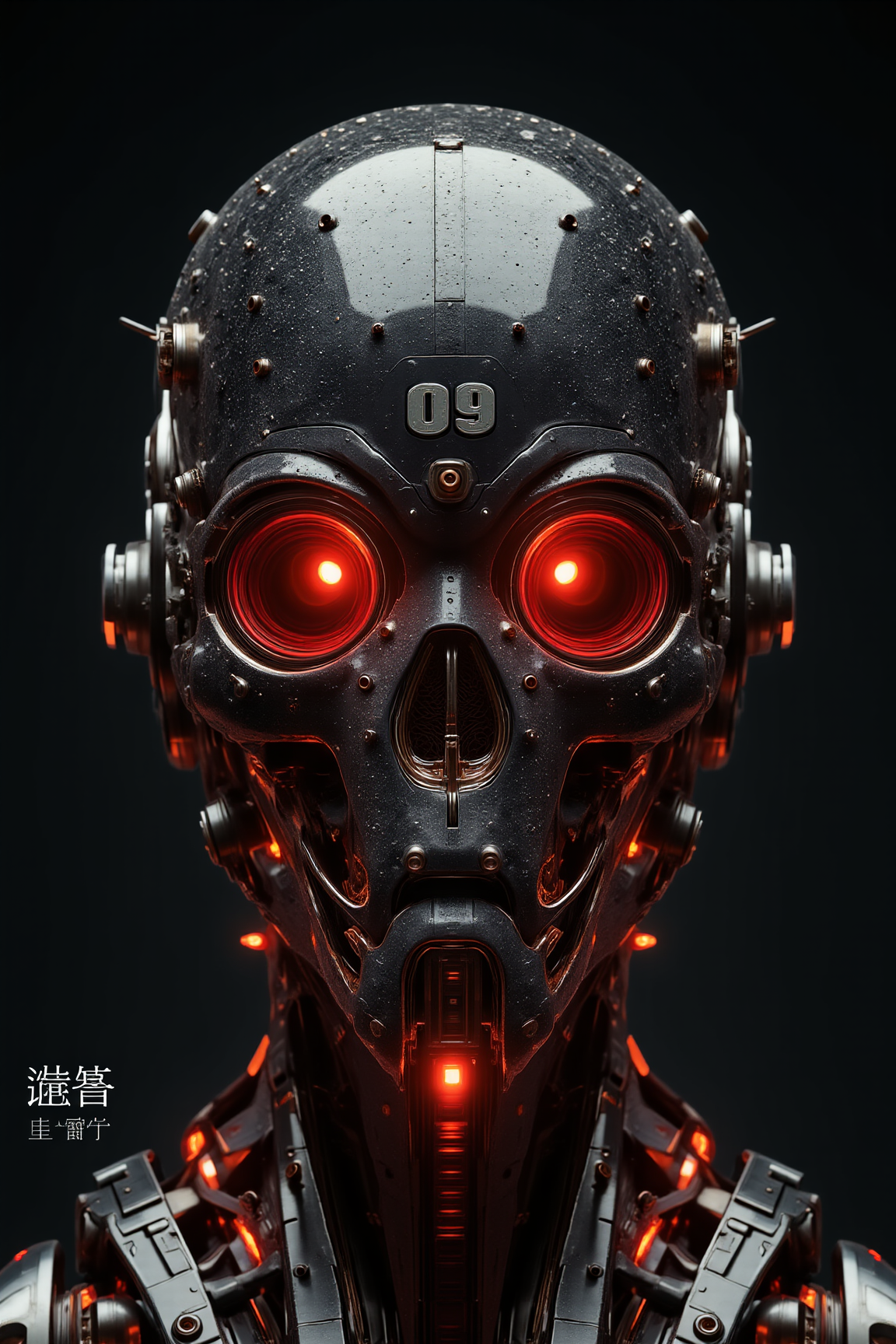 YFG-Zaat, YFG-Sm0rg, (Interesting Image, Captivating Image,High Resolution, 8K, Masterpiece, Absurd res,Good Quality, High Quality, Best Quality,Aesthetic, Newest, Cinematic). Sharp photo of a digital art piece that appears to be a futuristic helmet. The helmet is black in color and has a textured surface with small white dots scattered across it. The top of the helmet has the number "09" written in white on it. Below the helmet, there is a red glow that illuminates the area around the skull. The skull is made up of multiple layers of metal, with the top layer being black and the bottom layer being red. The metal appears to have a metallic sheen, giving it a shiny appearance. The background is dark, making the helmet stand out even more. At the bottom of the image, there are Japanese characters that appear to be floating in the air.