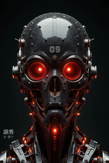 YFG-Zaat, YFG-Sm0rg, (Interesting Image, Captivating Image,High Resolution, 8K, Masterpiece, Absurd res,Good Quality, High Quality, Best Quality,Aesthetic, Newest, Cinematic). Sharp photo of a digital art piece that appears to be a futuristic helmet. The helmet is black in color and has a textured surface with small white dots scattered across it. The top of the helmet has the number "09" written in white on it. Below the helmet, there is a red glow that illuminates the area around the skull. The skull is made up of multiple layers of metal, with the top layer being black and the bottom layer being red. The metal appears to have a metallic sheen, giving it a shiny appearance. The background is dark, making the helmet stand out even more. At the bottom of the image, there are Japanese characters that appear to be floating in the air.