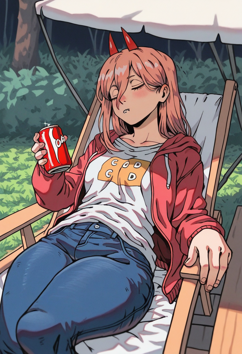 girinstyle, masterpiece, best quality, solo,                                                                                                   power from chainsaw man, red horns, holding soda can,  detailed backyard background,  pink hair, jacket, jeans, sleeping on deck chair, 