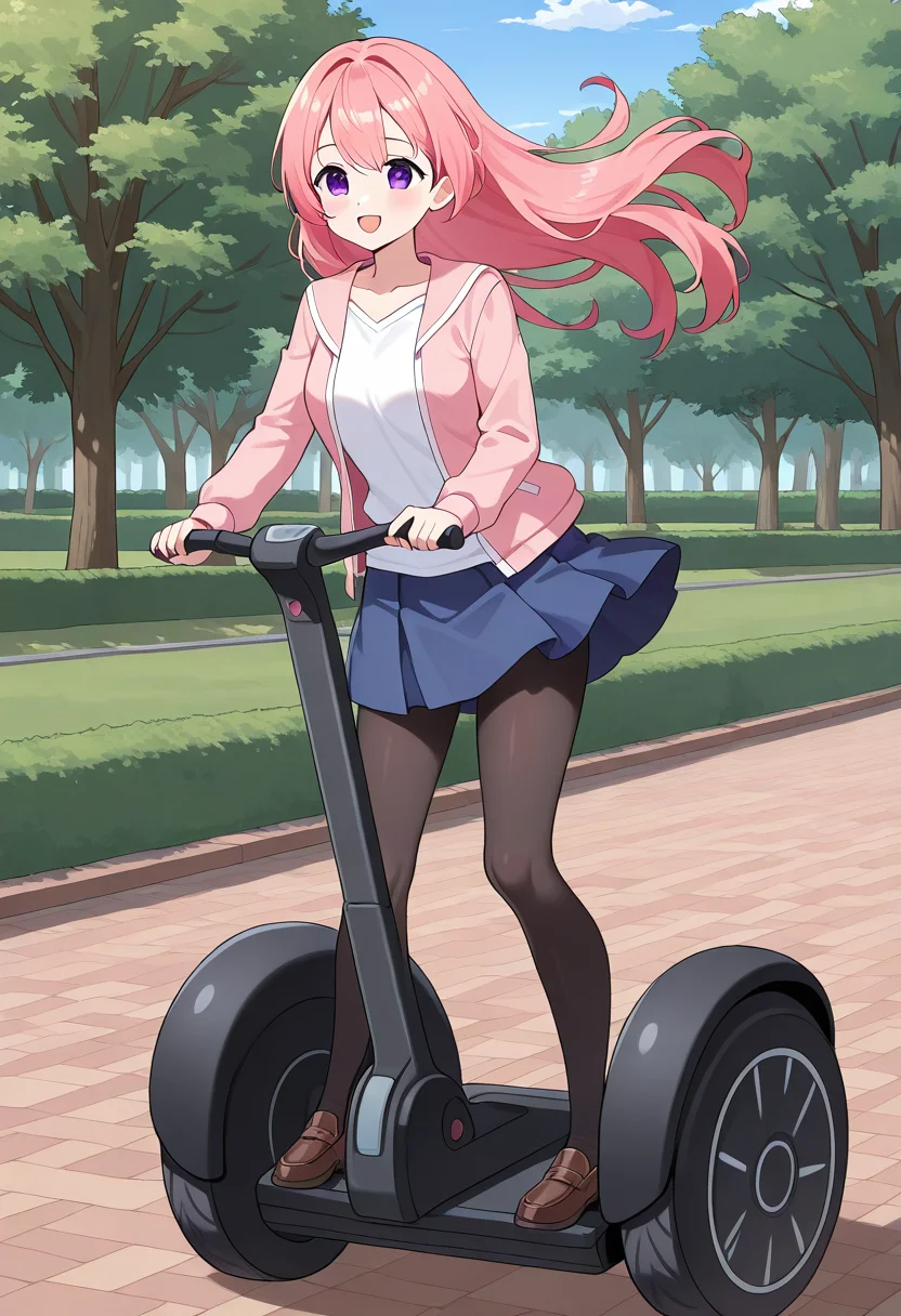 segw4y, riding segway, 1girl, solo, fairyhartun, pink hair, long hair, hair down, purple eyes, medium breasts, floating hair, wind, pink jacket, white shirt, collarbone, blue skirt, black pantyhose, loafers, outdoors, park, open mouth, smile