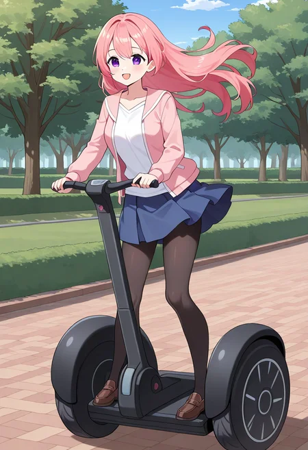 segw4y, riding segway, 1girl, solo, fairyhartun, pink hair, long hair, hair down, purple eyes, medium breasts, floating hair, wind, pink jacket, white shirt, collarbone, blue skirt, black pantyhose, loafers, outdoors, park, open mouth, smile