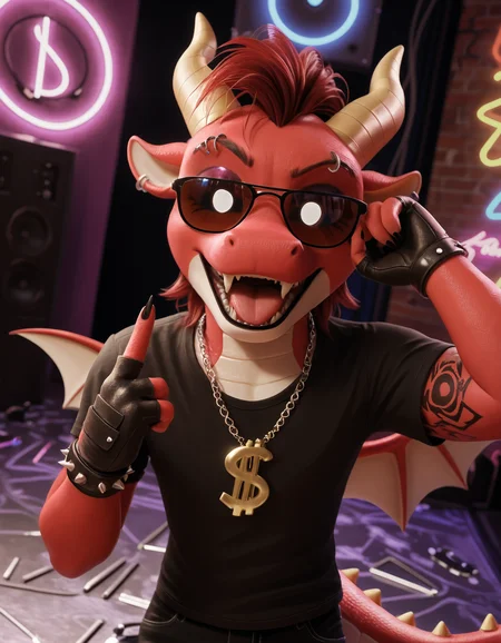 score_9, score_8_up, score_7_up BREAK source_furry, rating_safe, SSAO, detailed, detailed shadows, ambient occlusion, cinematic lighting, particles, graffiti, ray tracing, reflections, decals, masterpiece, best quality, ultra realistic, detailed eyes, 4k, 2k, film photography, RAW photo, photorealistic, analog style, subsurface scattering, photorealism, perfect eyes, perfect teeth, <lora:add-detail-xl:3.0>, <lora:sinfully_stylish_SDXL.safetensors:1.0>, <lora:AdvancedEnhancerXLv2.safetensors:1.0>, dutch angle, detailed eyes, (detailed background:1.2), anthro, <lora:Simon_Smoke_Poppy_Playtime.safetensors:0.9>, s1mon_sm0ke, 1boy, male, young, cute, dragon, scalie, horns, wings, solo, colored sclera, tail, open mouth, fangs, no humans, upper body, dollar sign necklace, looking at viewer, red hair, black sclera, big white eyes, full white pupil, black claws, eyebrow piercing, piercing, leather anklets with metal spikes, metal bands, clothed, outdoor, gothic style, tattoo, makeup, black pants, cross, arm behind head, gothic, tongue out, smug, fingerless gloves with metal spikes, (nightclub, nightclub background, neon lights:1.1), showing middle finger, sunglasses, close up, (from above, neglect play, surprised:1.15)
