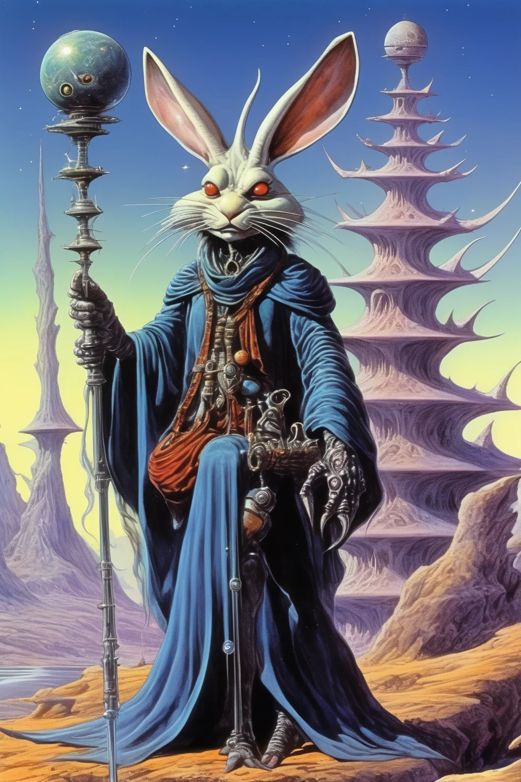 <lora:Rodney Matthews Style:1>Rodney Matthews Style - the aquarius space faring vampire wizard bounty hunter the over seer keeper and hunter of universal knowledge and wisdom of the multiversal eternity that was born as a rabbit in the year of the dragon of the Chinese traditional horoscope, lord of the rings, sci-fi, dark fantasy, space opera, 1980s early 90s dark fantasy sci-fi space opera, space traveler, psychonaut wisdom, psychonaut, high definition image, high resolution image, HD, 4k image, 8k image, high definition image