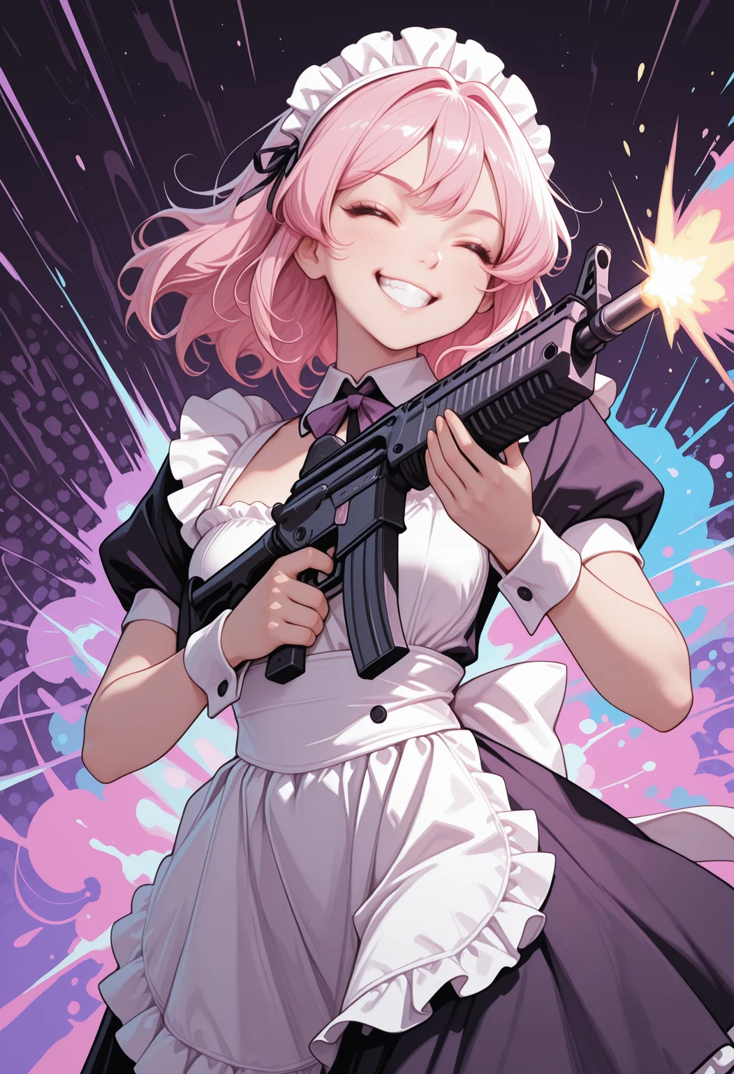 masterpiece, best_quality, absurdres, solo, 1girl, CivChan, closed_eyes, pink hair, maid_headdress, maid_apron, detached_collar, wrist_cuffs, grin, holding, assault rifle, firing, purple_theme, abstract_background, colorful, <lora:CivChan:1>