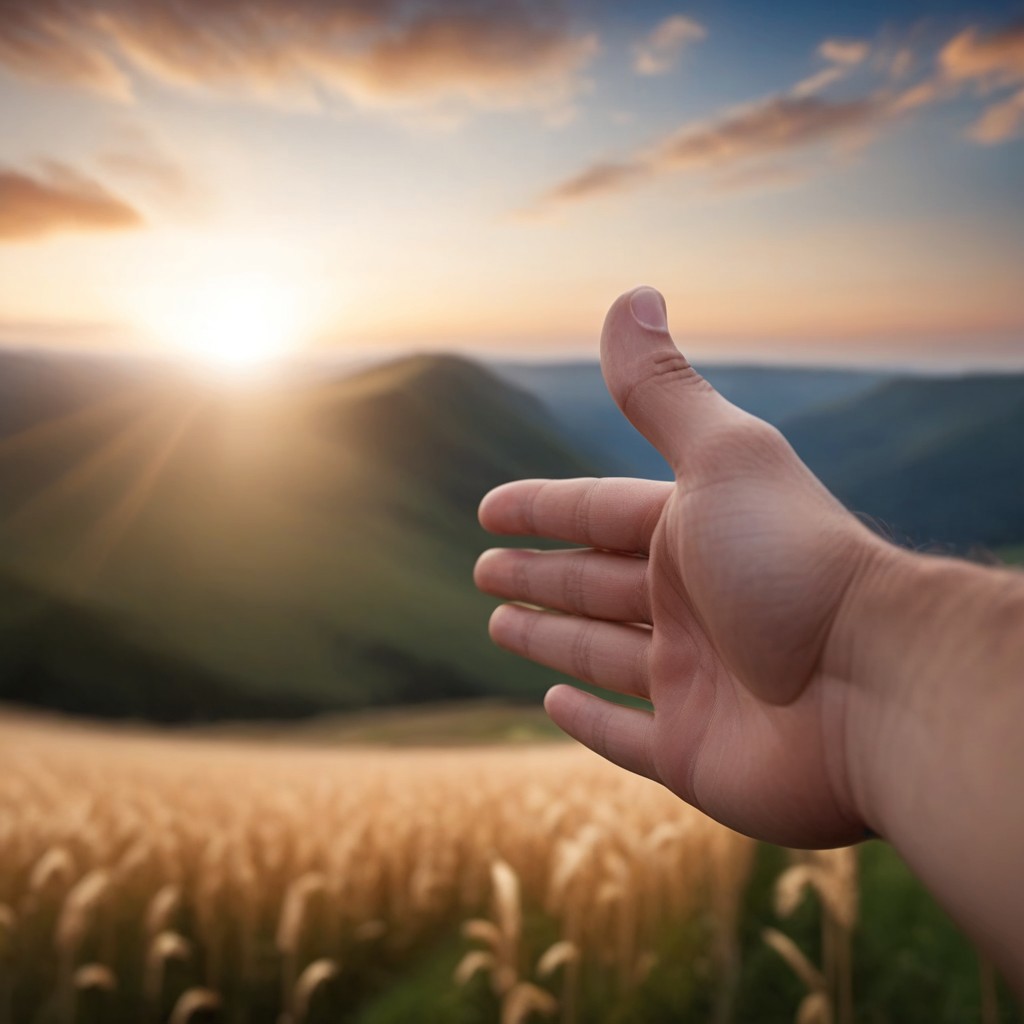 ((POV, offering handshake)), outstretched hand in foreground, inviting gesture, warm expression, cinematic depth of field, focus on hand, background subtly blurred, immersive perspective
