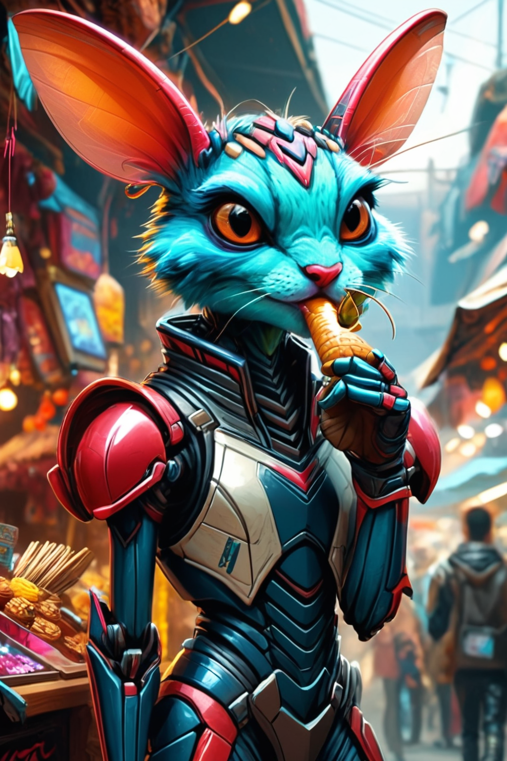 Detailed digital illustration of an anthro Cricket (Blowing a kiss, sweet gesture) at a Cyberpunk bazaar with illegal tech, <lora:xl_more_art-full_v1:0.5>,  <lora:anthro_muscular:0.7>,  <lora:MJ52:0.6>, <lora:madpunk:0.4> madpunk