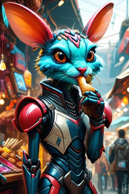 Detailed digital illustration of an anthro Cricket (Blowing a kiss, sweet gesture) at a Cyberpunk bazaar with illegal tech, <lora:xl_more_art-full_v1:0.5>,  <lora:anthro_muscular:0.7>,  <lora:MJ52:0.6>, <lora:madpunk:0.4> madpunk