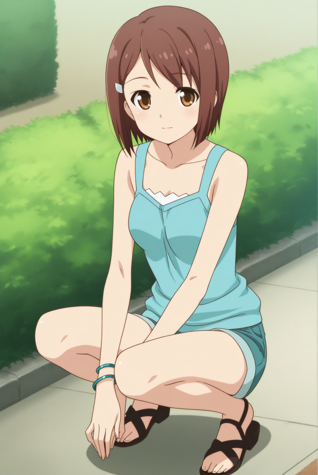 (:1.50), 
pc-you, brown hair, brown eyes, hairclip, bracelet, 
medium breasts, 1girl, solo, skinny,
(masterpiece, best quality, absurdres, high quality, highres, anime, anime style), 
BREAK,
(light smile:1.40),
BREAK,
(outdoors:1.10),
BREAK,
(:1.60),
BREAK,
(feet:1.20), 
<lora:mt-you-V01-illXL-000002:0.70>