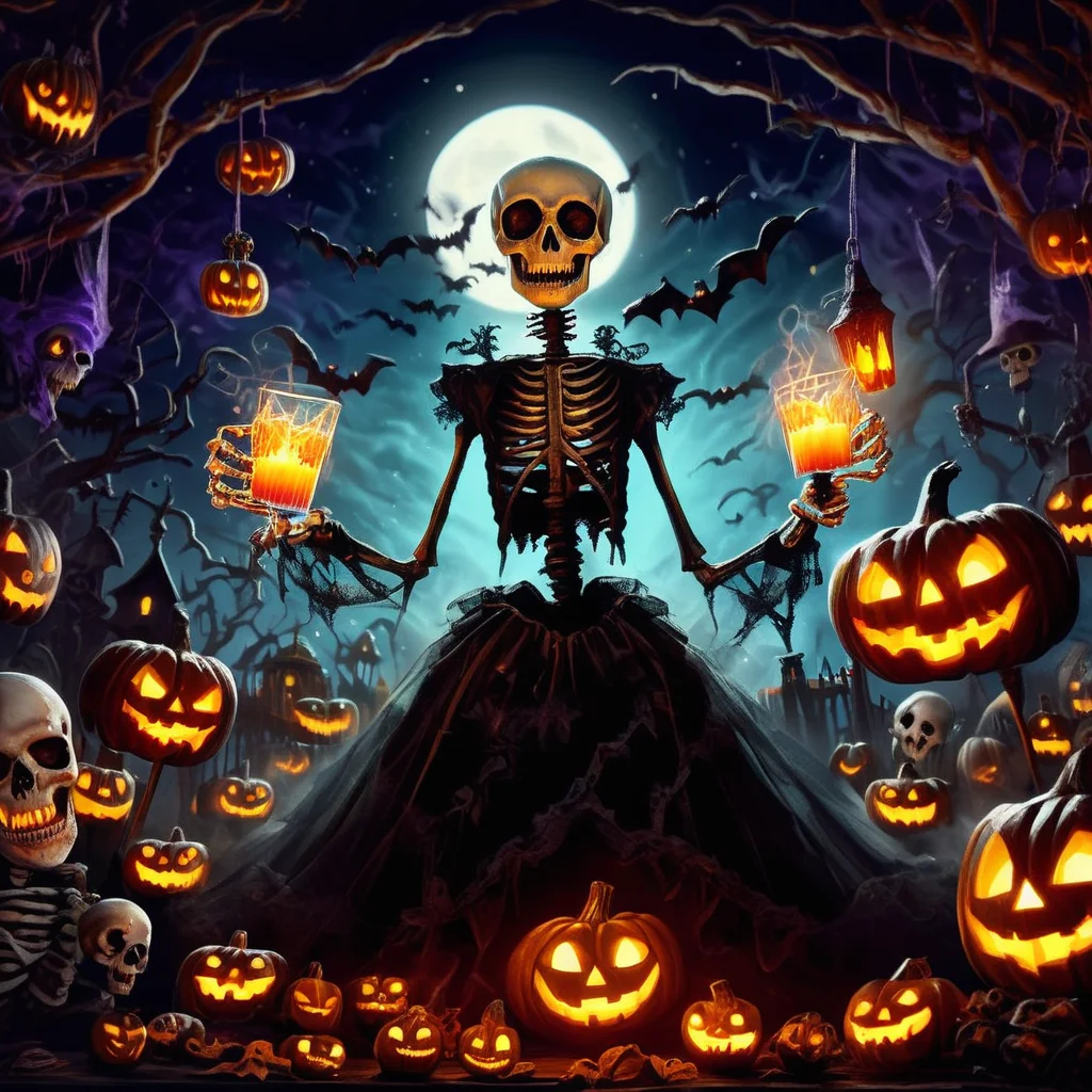 ((realistic,digital art)), (hyper detailed),donmcr33pyn1ghtm4r3xl Creepy Retro Halloween Skeleton Bride Haunted Carnival Cider Donuts Haunted Paintings Wicked Laugh Fiery Torchlight Candles Halloween Crafts, <lora:Creepy_Nightmare-000014XL:1>