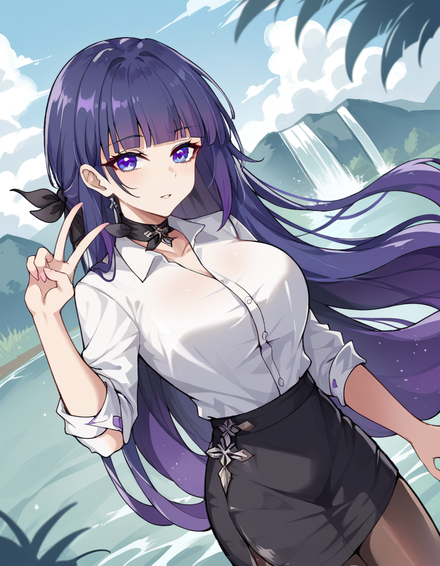 score_9, score_8_up, score_7_up, source_anime, <lora:raiden-mei-office-lady-ponyxl-lora-nochekaiser:1>, raiden mei, long hair, purple hair, bangs, purple eyes, blunt bangs, bangs, gradient hair, hair ribbon,, office lady, white shirt, shirt, pantyhose, skirt, black skirt, long sleeves, large breasts, choker, black choker, sleeves rolled up, water, lake, river, waterfall, natural, , v,, looking at viewer, solo,, dutch angle, cowboy shot