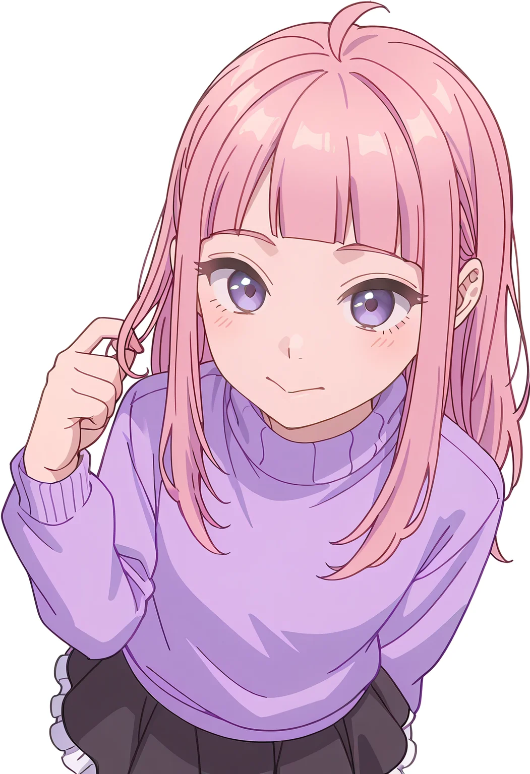 Smooth Quality,masterpiece,beautiful aesthetic, very intricate, high quality details, ultra realistic, high detailed skin,
simple background, white background,
from above,twirling hair,:>,
frilled skirt,,turtleneck sweater, ,String around finger , <lora:Fuyuki_Momokocnn:0.8> momoko/cnn, pink hair, 1girl, ahoge, purple eyes,petite,