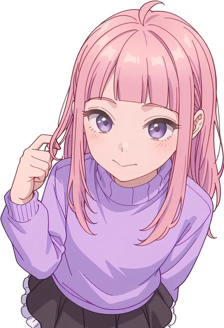 Smooth Quality,masterpiece,beautiful aesthetic, very intricate, high quality details, ultra realistic, high detailed skin,
simple background, white background,
from above,twirling hair,:>,
frilled skirt,,turtleneck sweater, ,String around finger , <lora:Fuyuki_Momokocnn:0.8> momoko/cnn, pink hair, 1girl, ahoge, purple eyes,petite,